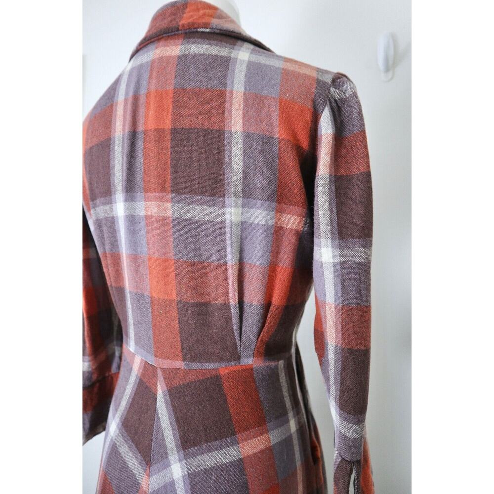 Vintage 1970s Wool Tartan Collared Dress Button Front Plaid Check Brown Orange - Picture 11 of 12